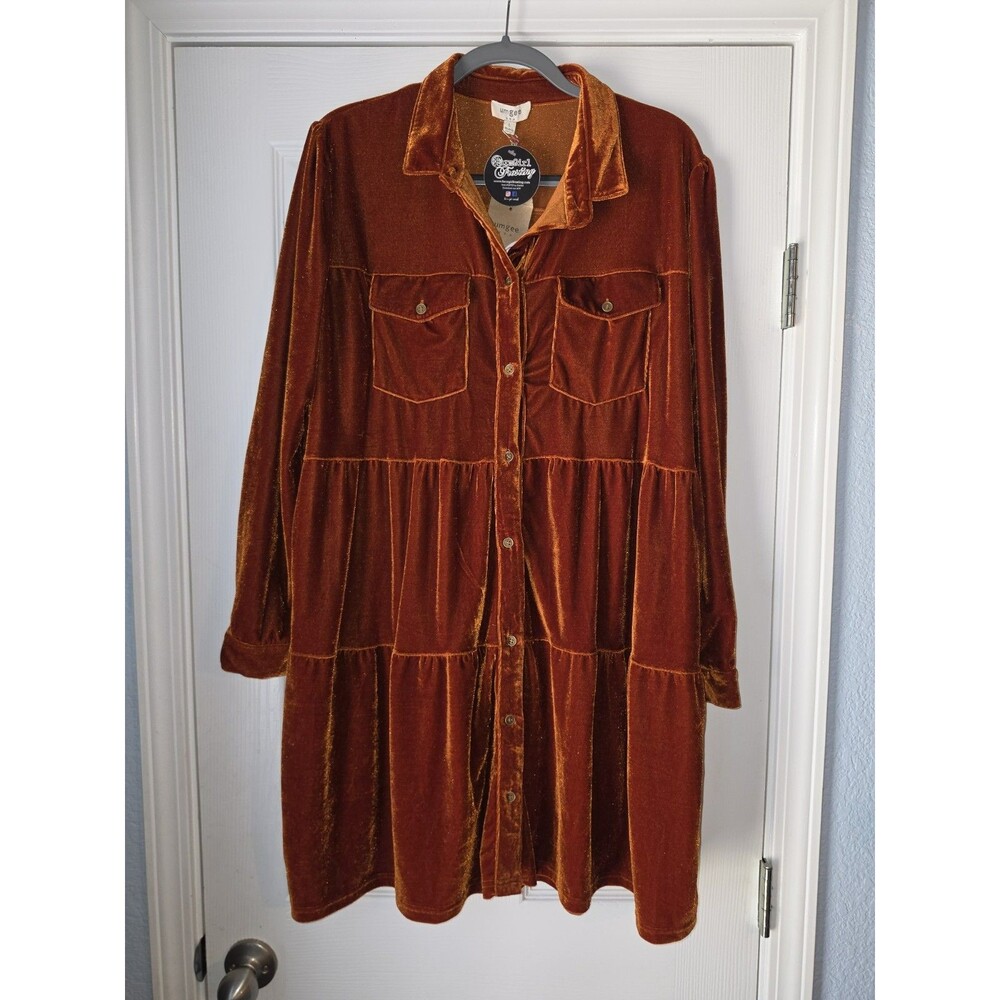 Umgee Velvet ButtonDown Tiered Buttonup Burnt Orange Long Sleeve Dress Relaxed L